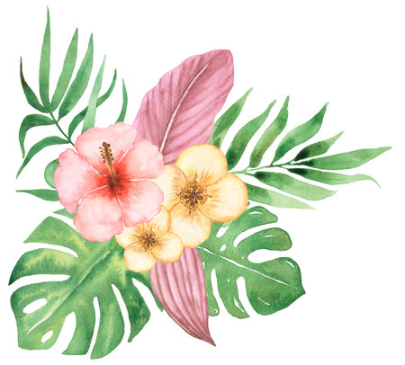 Watercolor hand drawn tropical florals bouquet clipart. Pink and yellow exotic flowers illustration. Monstera and palm leaves arrangement. Wedding invitation, card making, logo designの写真素材