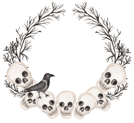 Watercolor hand drawn halloween wreath. Scary party frame with scull illustration, black crow and branches clipart. Holiday template card with halloween symbols.の写真素材