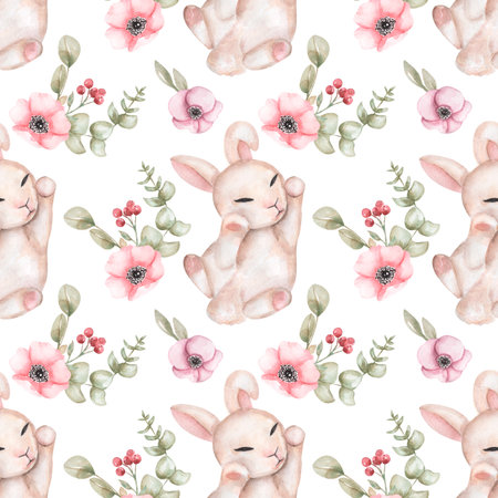 Watercolor seamless pattern with cute rabbits and florals. Wild animals, eucalyptus, pink anemone flowers. Hand-drawn adorable hare and greenery backgroundの写真素材