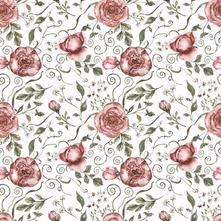 Seamless pattern with peonies and greenery. Floral vintage ornament. Hand drawn watercolor botanical paper illustration. Red flowers bouquets on white background.の写真素材