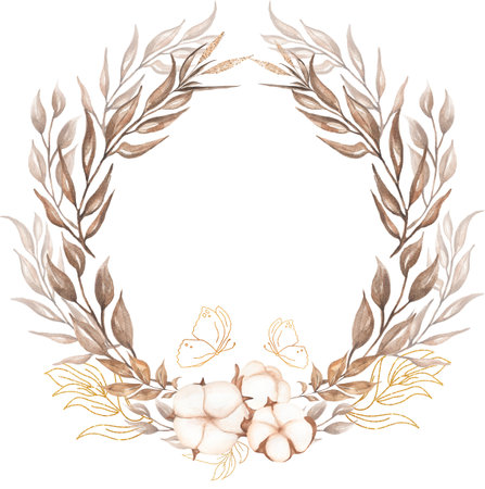 Dried herbs and cotton bouquet wreath in watercolor. Dried leaves branch frame with golden butterfly, floral border. Botanical boho illustration. Wedding invitation, greeting, card, print, scrapbookingの写真素材