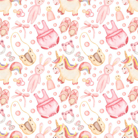 Watercolor seamless pattern with cute pink unicorn and nursery toys. Little animals and kids cloths endless paper. Hand-drawn adorable repeat background.の写真素材