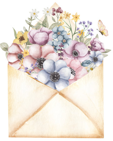 Watercolor meadow flowers in envelope illustration, card template with wildflowers decor. Hand drawn anempne with letter envelope clipart.の写真素材