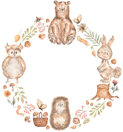 Watercolor woodland animal wreath, boho owl, bear, rabbit and hedgehog frame illustration, botanical frame with cute animal. Nursery woodland clipart frame. Bohemian animals for baby shower invitation, nursery decor, printの写真素材