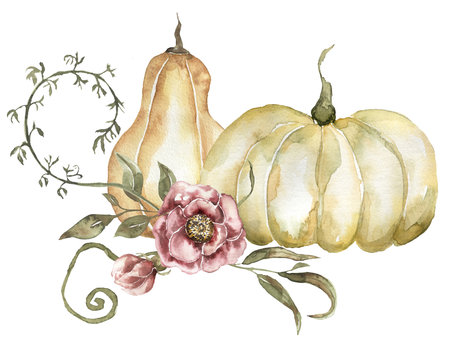 Watercolor harvest scene with pumpkin and leaves and flowers bouquet clipart. Fall decor composition for Thanksgiving, autumn arrangement card, rustic garden illustrationの写真素材