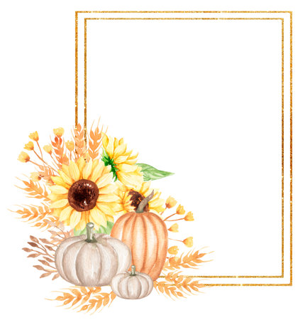 Sunflower, wheat and pumpkins Frame Clipart, Watercolor Thanksgiving wreath clip art, Florals Bouquet illustration, Autumn Flower arrangement, Herbs, Wedding Invites, Baby Shower, logoの写真素材