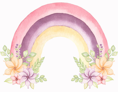 Watercolor cute rainbow with flowers bouquet. Baby illustrations, scandinavian print, nursery decor sweet dreams, dream big. Baby shower invitation, greeting card, nursery poster. Boho rainbow printの写真素材