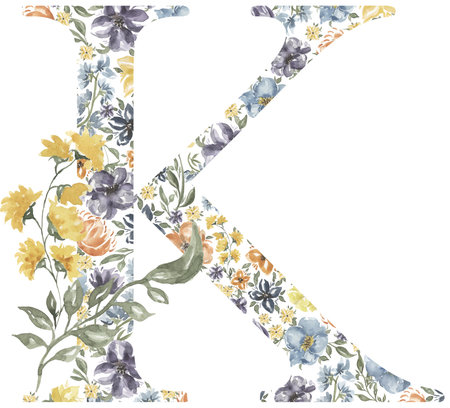 Wildflowers K letter clipart, Blossom Alphabet Design. Watercolor Floral monogram illustration isolated on white background.の写真素材