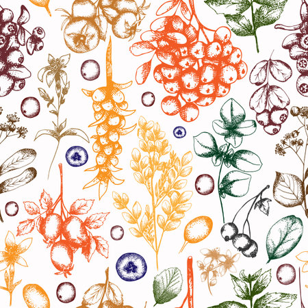 Hand drawn healthy tea florals with herbs and spices seamless pattern. Detailed retro style repeat paper in color. Vintage sketch background for labels, packaging, textile and cards design. Herbalの写真素材