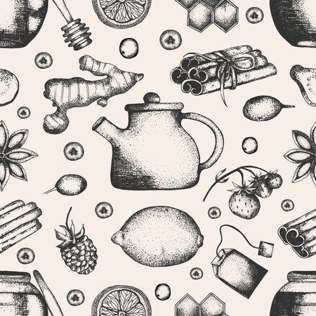 Hand drawn honey and tea with herbs and spices seamless pattern. Detailed retro style repeat paper in black and white color. Vintage sketch background for labels, packaging, textile and cards design. Herbal tea printの写真素材