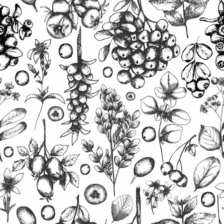 Hand drawn healthy tea florals with herbs and spices seamless pattern. Detailed retro style repeat paper in black and white. Vintage sketch background for labels, packaging, textile and cards design.の写真素材