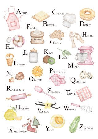Watercolor Educational kids ABC poster with food and kitchen utensils. HomeSchool illustrationの写真素材