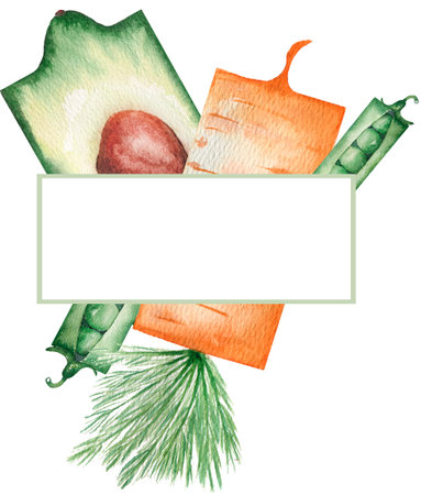 Watercolor cute garden vegetables frame, harvest illustration, carrot, beans and avocado clipart borderの写真素材