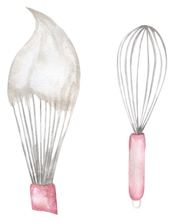 Watercolor whisk with cream illustration, kitchen utensils clipart set, baking logo designの写真素材