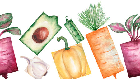 Watercolor cute garden vegetables seamless border, harvest illustration, avocado, beetroot, garlic, peas, carrot and bell pepper clipart, repeat borderの写真素材