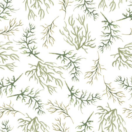 Watercolor green branch seamless pattern, delicate greenery repeat paper, florals background, grass paper, textile printingの写真素材