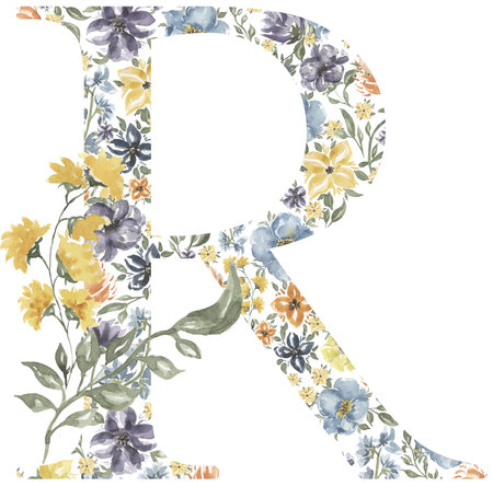 Wildflowers R letter clipart, Blossom Alphabet Design. Watercolor Floral monogram illustration isolated on white background.の写真素材