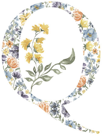 Wildflowers Q letter clipart, Blossom Alphabet Design. Watercolor Floral monogram illustration isolated on white background.の写真素材