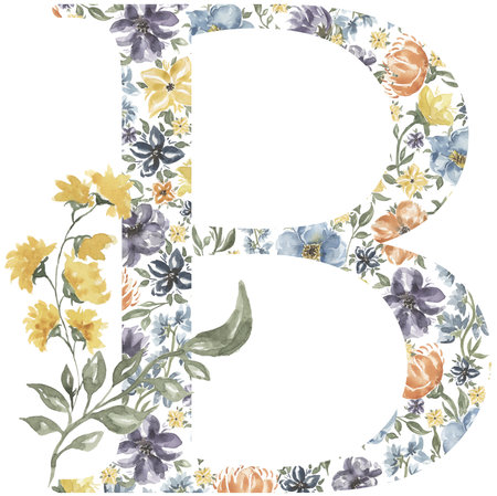 Wildflowers B letter clipart, Blossom Alphabet Design. Watercolor Floral monogram illustration isolated on white background.の写真素材