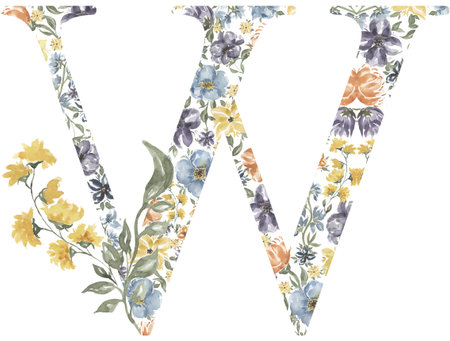 Wildflowers W letter clipart, Blossom Alphabet Design. Watercolor Floral monogram illustration isolated on white background.の写真素材