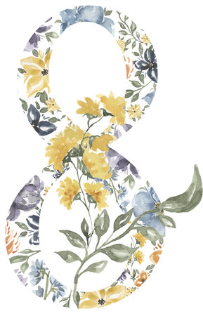 Wildflowers Number Eight Blossom Alphabet Design. Watercolor Floral number 8 isolated on white background.の写真素材