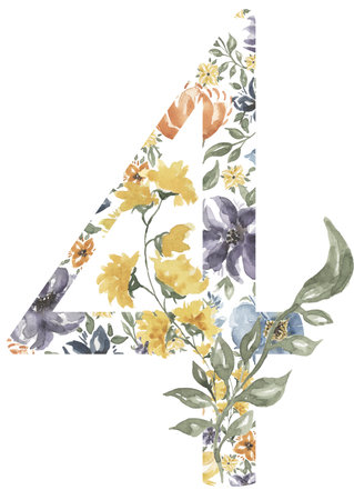 Wildflowers Number Four Blossom Alphabet Design. Watercolor Floral number 4 isolated on white background.の写真素材