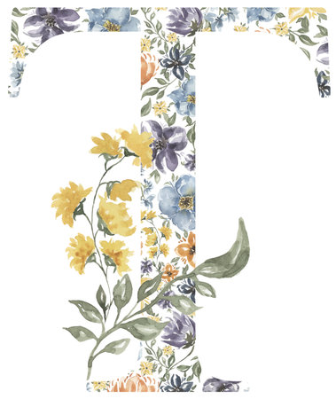 Wildflowers T letter clipart, Blossom Alphabet Design. Watercolor Floral monogram illustration isolated on white background.の写真素材