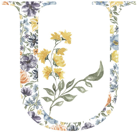 Wildflowers U letter clipart, Blossom Alphabet Design. Watercolor Floral monogram illustration isolated on white background.の写真素材