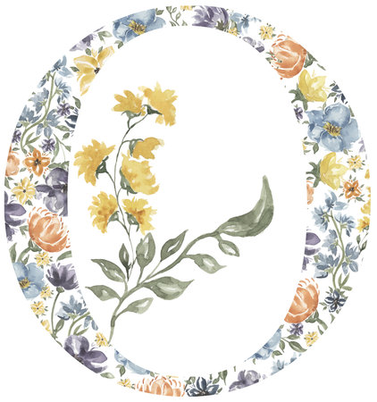 Wildflowers O letter clipart, Blossom Alphabet Design. Watercolor Floral monogram illustration isolated on white background.の写真素材
