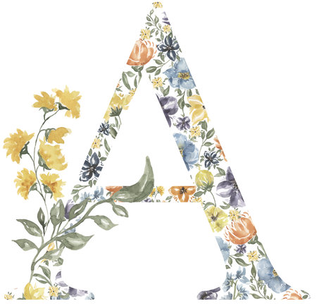 Wildflowers A letter clipart, Blossom Alphabet Design. Watercolor Floral monogram illustration isolated on white background.の写真素材