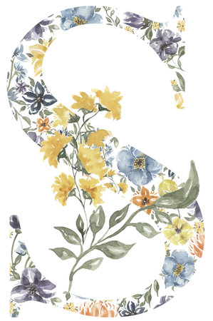 Wildflowers S letter clipart, Blossom Alphabet Design. Watercolor Floral monogram illustration isolated on white background.の写真素材