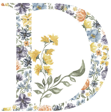 Wildflowers D letter clipart, Blossom Alphabet Design. Watercolor Floral monogram illustration isolated on white background.の写真素材