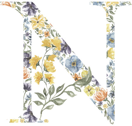 Wildflowers N letter clipart, Blossom Alphabet Design. Watercolor Floral monogram illustration isolated on white background.の写真素材