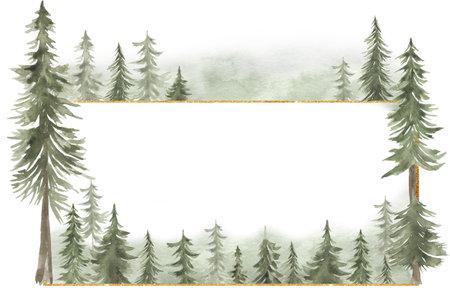 Watercolor woodland frame illustration, forest background. Card invitation design with forest trees. Evergreen trees, oak, fir natural border printの写真素材