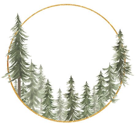 Watercolor woodland and mountains frame illustration, forest background. Card invitation design with forest trees. Evergreen trees wreath, oak, fir natural border printの写真素材