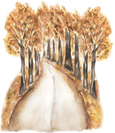 Watercolor autumn road composition, fall trees and road illustration. Card invitation designの写真素材