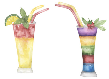 Watercolor hand drawn cocktail illustration set. Beverages clipart for menu, card, postcard, banner, poster. Food and drink printの写真素材