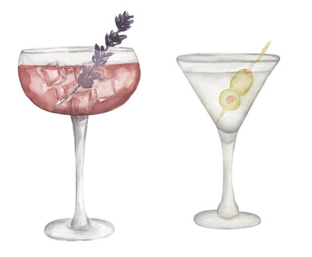 Watercolor hand drawn cocktail illustration set. Beverages clipart for menu, card, postcard, banner, poster. Food and drink printの写真素材