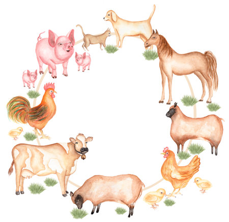 Watercolor farm animals wreath illustration. Hand drawn animal: cute pink pig, sheep, horse, cow, dog and hen print. Country life frame clip art.の写真素材