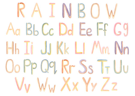 Watercolor Rainbow Alphabet clip art, ABC Poster, Kids Educational clipart, Nursery Wall art, Beige Letters Print, School Children Font illustrationの写真素材