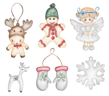 Watercolor Christmas tree toys clip art, Vintage style winter decor, christmas angel illustration, deer, mittens and ginger bread printの写真素材