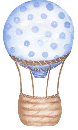 Watercolor transport Illustration, Cute kids airballon print clip art, hand drawn kids party clipart. Blue air balloon transportation. Artwork for textiles, fabrics, souvenirs, baby shower, greeting cardの写真素材