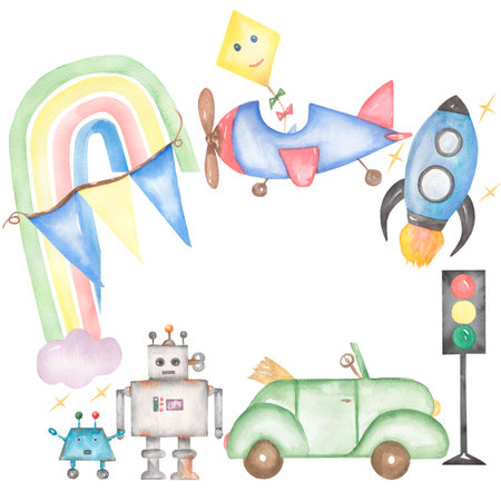 Baby Transport Toys Wreath Clipart, Watercolor Cute Kids Frame, Vintage Robots toys illustration, Newborn Rainbow clip art, Card printing, Baby Shower graphicsの写真素材