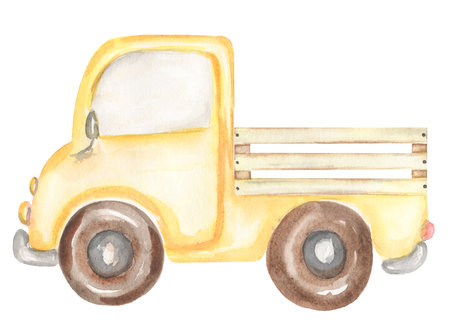 Watercolor transport Illustration, Cute car print clip art, hand drawn kids party clipart. Yellow truck, nursery transportation. Artwork for textiles, fabrics, souvenirs, baby shower, greeting cardの写真素材