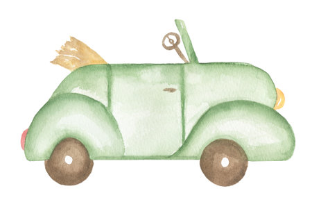 Watercolor transport Illustration, Cute car print clip art, hand drawn kids party clipart. Green car, nursery transportation. Artwork for textiles, fabrics, souvenirs, baby shower, greeting cardの写真素材