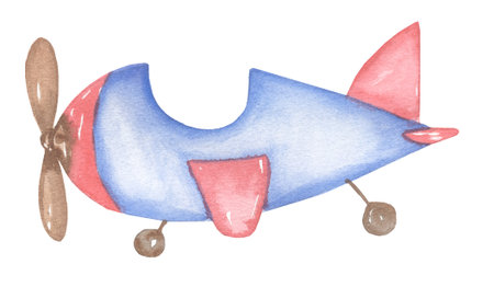 Watercolor transport Illustration, Cute plane print clip art, hand drawn kids party clipart. Blue and red airplane, nursery transportation. Artwork for textiles, fabrics, souvenirs, baby shower, greeting cardの写真素材
