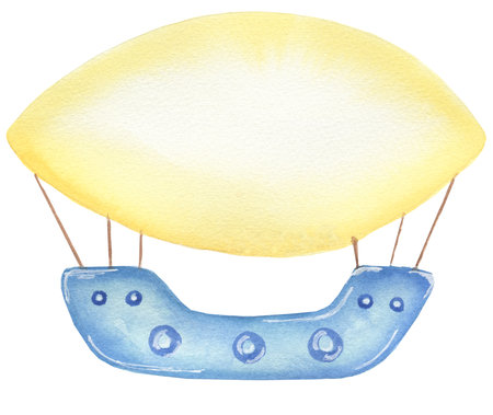 Watercolor transport Illustration, Cute kids airship print clip art, hand drawn kids party clipart. Yellow and blue transportation. Artwork for textiles, fabrics, souvenirs, baby shower, greeting cardの写真素材