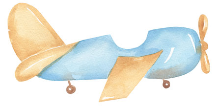 Watercolor transport Illustration, Cute plane print clip art, hand drawn kids party clipart. Blue and beige airplane, nursery transportation. Artwork for textiles, fabrics, souvenirs, baby shower, greeting cardの写真素材