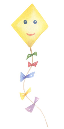 Watercolor kit Illustration, Cute decor clip art, hand drawn kids party decoration clipart. Yellow flying kit. Artwork for textiles, fabrics, souvenirs, baby shower, greeting cardの写真素材