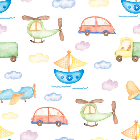 Watercolor transport seamless pattern, Hellicopter print, cute boat paper, airplane and car, hand drawn kids party pattern. Artwork for textiles, fabrics, souvenirs, packaging, greeting cardの写真素材